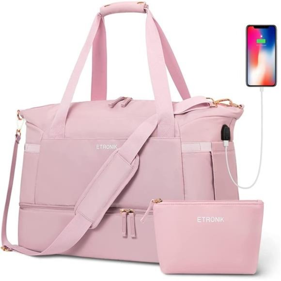 Gym Bag for Women Sports Travel Duffel w/ USB Charging Port Weekender Overnight - Picture 1 of 7